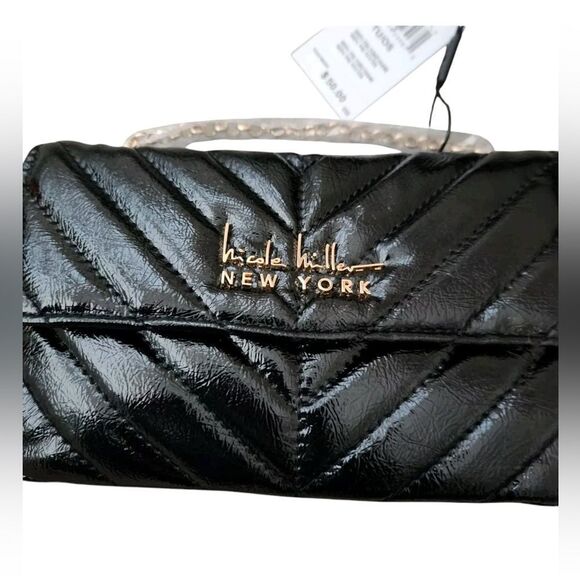 NICOLE MILLER BLACK PATENT CROSSBODY WITH GOLD CHAIN - Picture 2 of 6